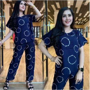 Cincin Set - One Set Wanita Jumbo Rayon Premium Setelan Wanita Batik Lengan Pendek Set Celana LD 140 cm