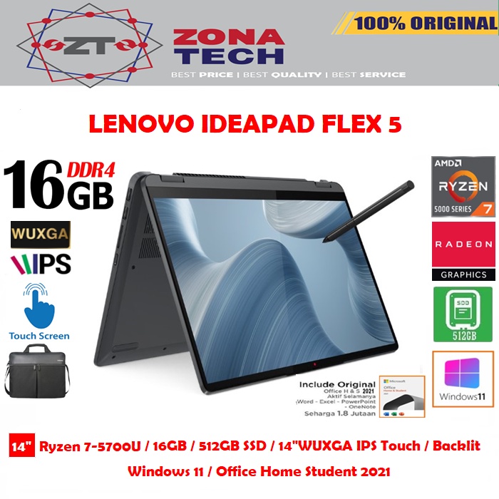 LENOVO IDEAPAD FLEX 5 - RYZEN 7-5700U - 8GB - 512GB - 14&quot;FHD IPS TOUCH - WIN10 - OFFICE HOME STUDENT