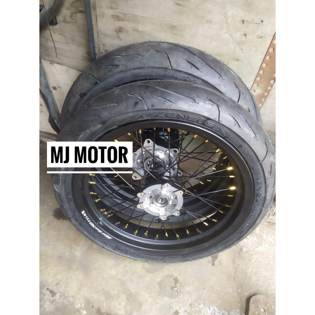 Paketan CRF Velg + Ban Supermoto Zeneos/IRC/Maxxis 17x250x300 - (Warna Hitam, Free Stel Velg) MOTIF 