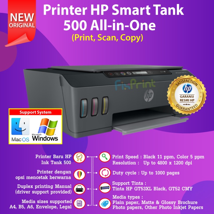 Printer HP Smart Tank 500 Print Scan Copy 4SR29A Tinta HP GT53 GT52