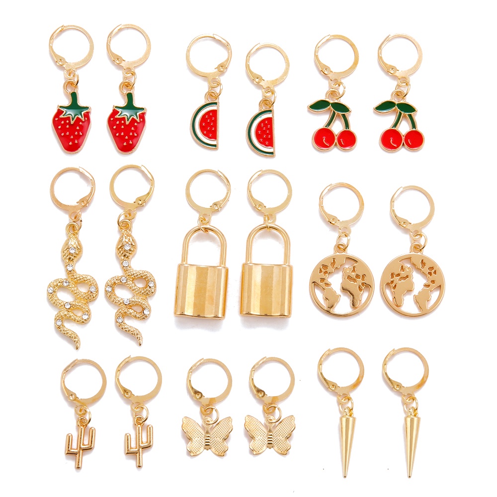 18pcs / Set Anting Bentuk Lingkaran Geometris Cherry Strawberry Bahan Metal Warna Emas Untuk Wanita