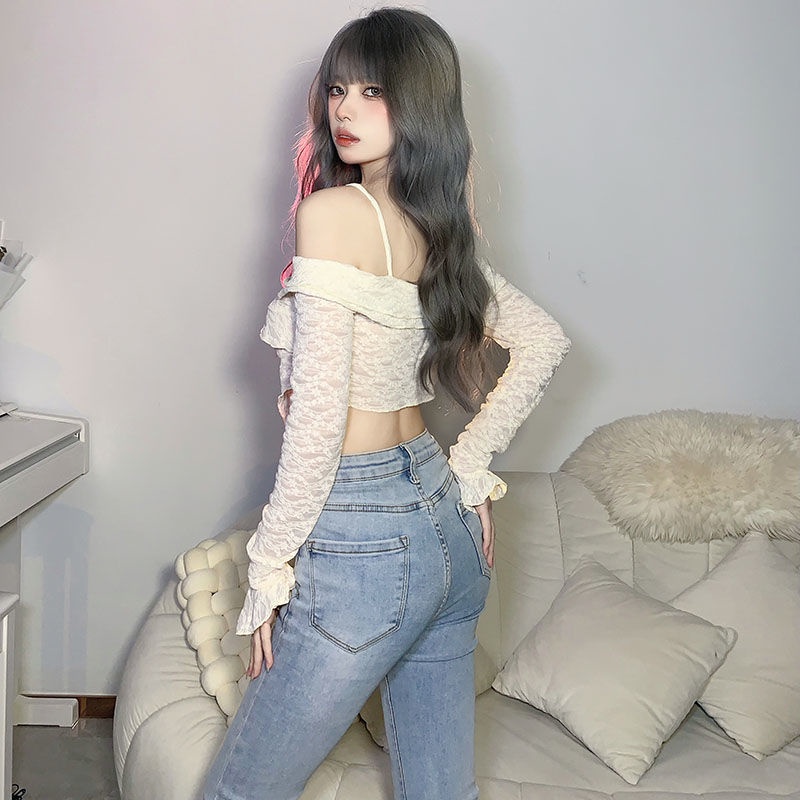 Prove kekinian atasan crop top French pure desire girl niche thin suspender T-shirt female ins net red chic hollow top summer baju import kaos wanita korean style