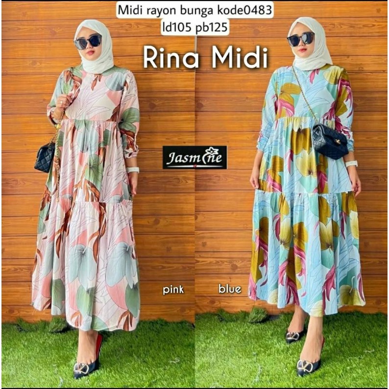 ( Rina Midi )Midi dress tunik wanita muslim syakila katun rayon busui