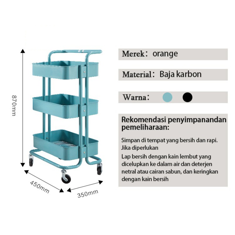 Rak Troli Tiga Susun Serbaguna rak Kamar Tidur Dapur Kamar Mandi Dengan Roda Dan Pegangan rak susun multifungsi