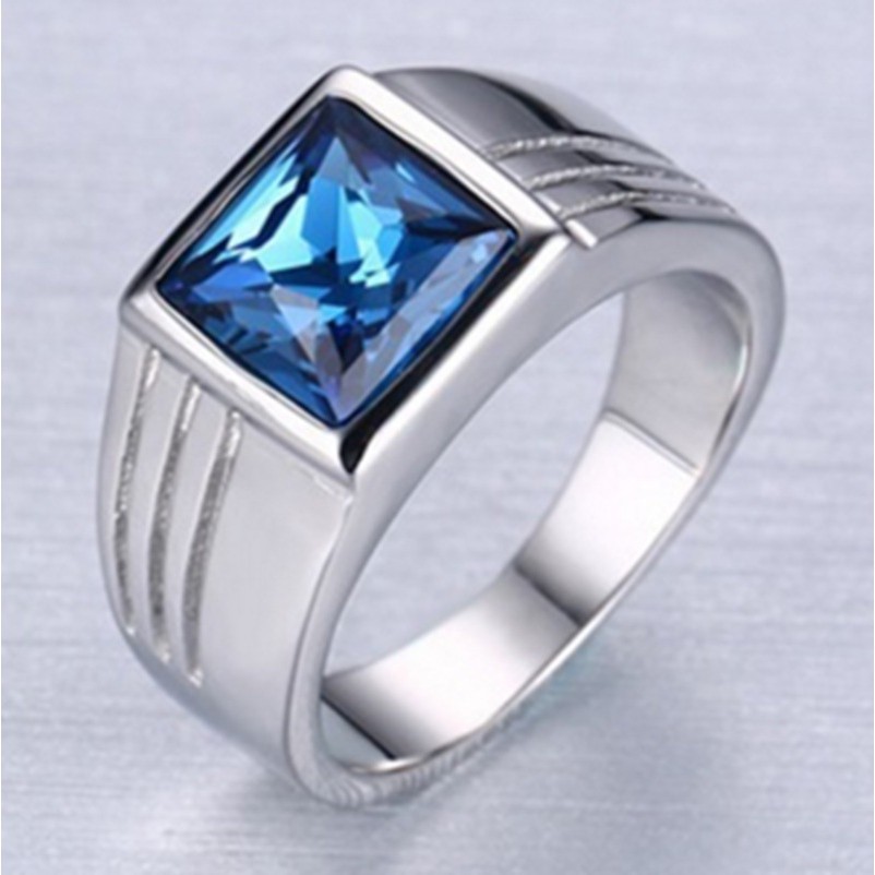 SEUSUK  Cincin Silver Hias Batu Safir Warna Biru Elegan Berkilau Untuk Pria/Pernikahan cincin