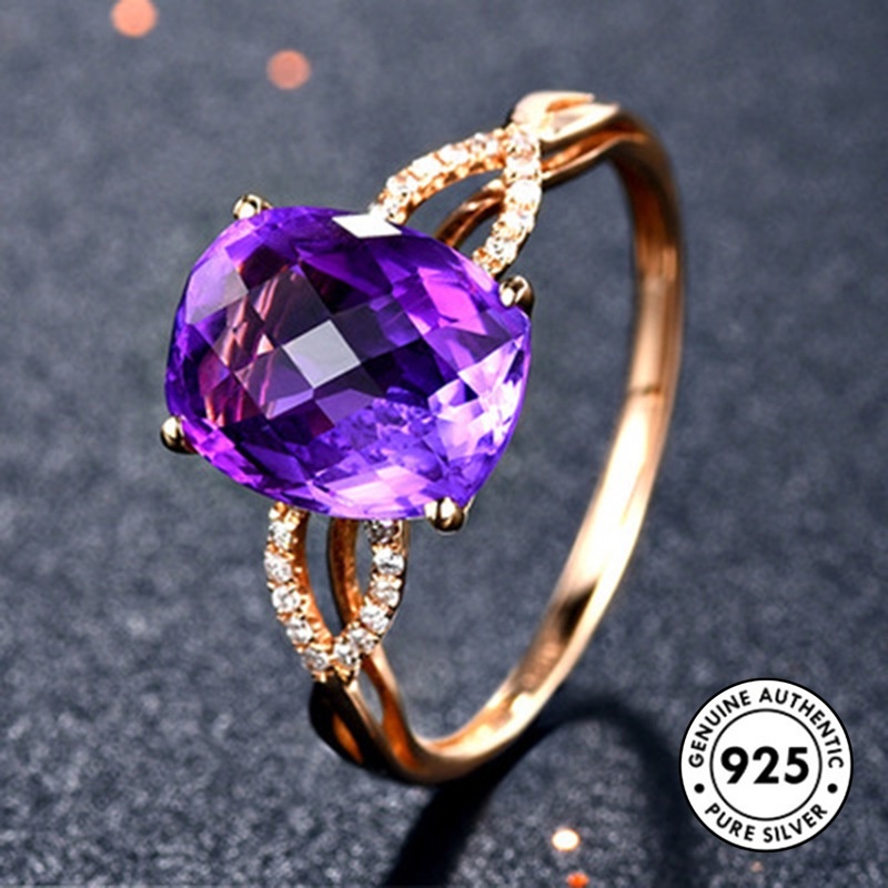 Cincin Lapis Silver 925 Model Terbuka Dengan Batu Amethyst Oval Warna Rose Gold Untuk Wanita