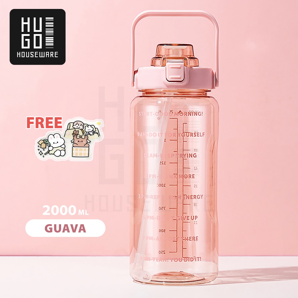 HUGO Botol Minum Motivasi 2 Liter Bening BPA FREE Gratis Stiker-Pink
