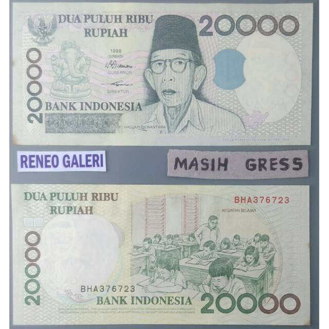 Mulus Asli 20000 Rupiah Tahun 1998 K.H Dewantara Rp 20.000 Dewantoro uang kertas kuno Duit lama Indonesia Original