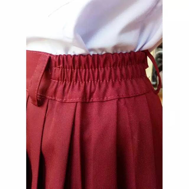 Rok seragam SD plisir panjang merah karet Litton bahan adem uk 2-12 / rok sekolah panjang merah