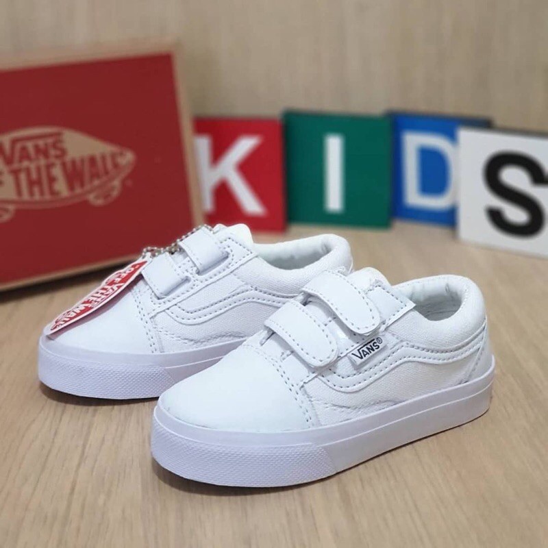 epatu Oldskool Anak Full White Motif Perekat Tanpa Tali/Sepatu Anak Sekolah/Sepatu Anak Kekinian Zaman Now