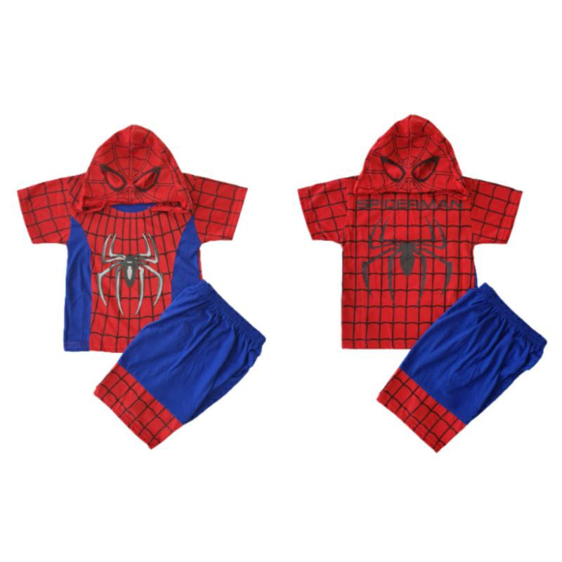 SETELAN BAJU ANAK LENGAN PENDEK SPIDERMAN PENDEK GRATIS TOPENG KAIN TERLARIS