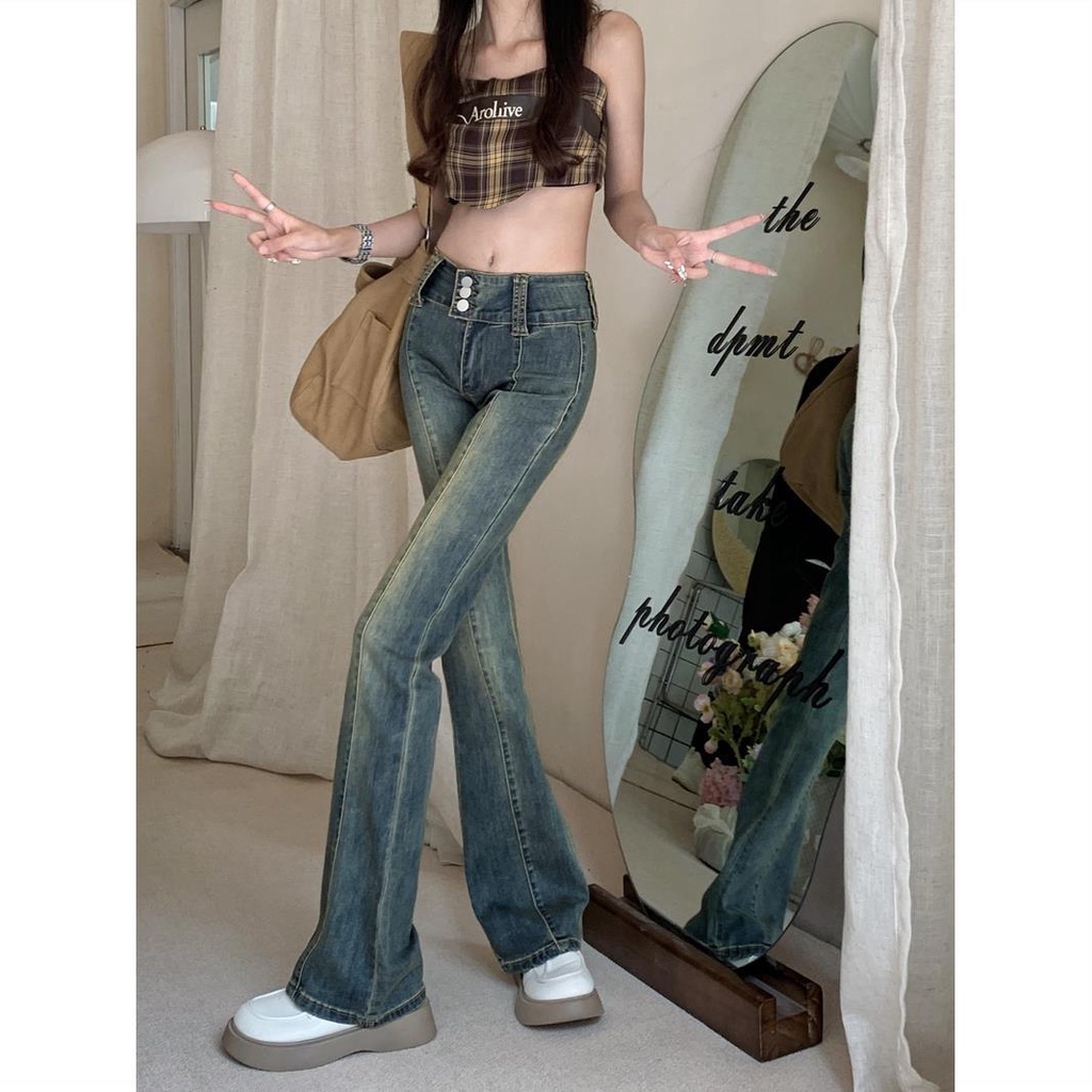 Red Hot Girl Retro Stretch Jeans Wanita Musim Panas Lurus Pria Kecil All-Match Slim Mengepel Micro-flare Celana Celana