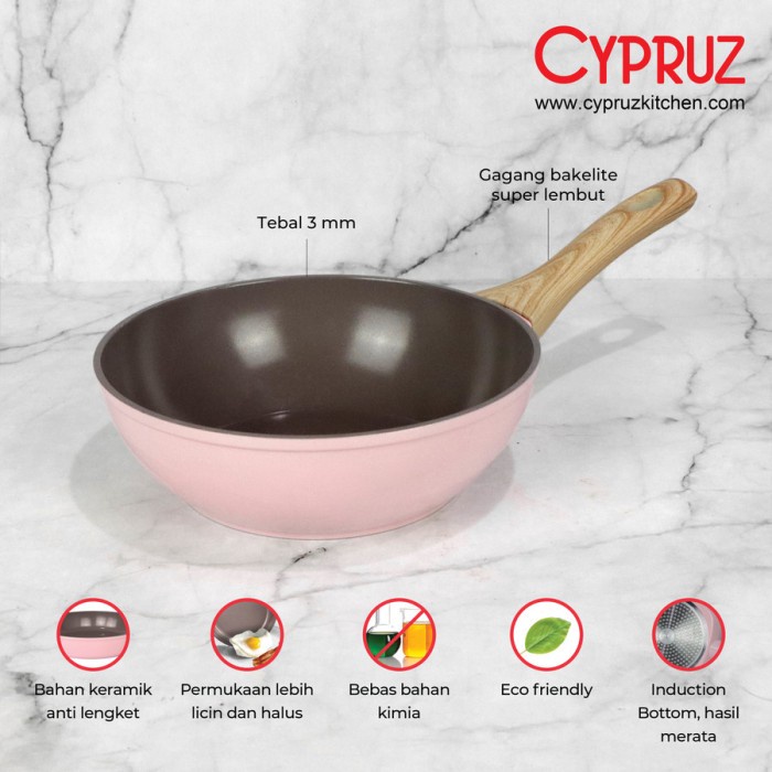 Wajan Penggorengan Anti Lengket Cypruz Pink Ceramic Fry Wok