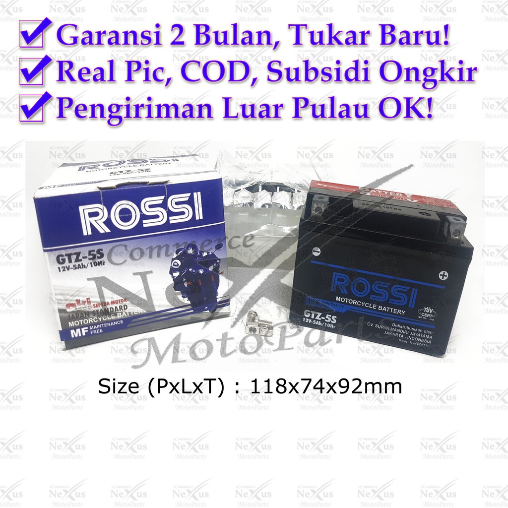 Aki Motor Rossi GTZ-5S YTZ3 GTZ4V YTZ4V YTX4L YB4LA YB4LB GTZ5S YTZ5S RTZ5S 12V 5Ah Karisma Beat Mio