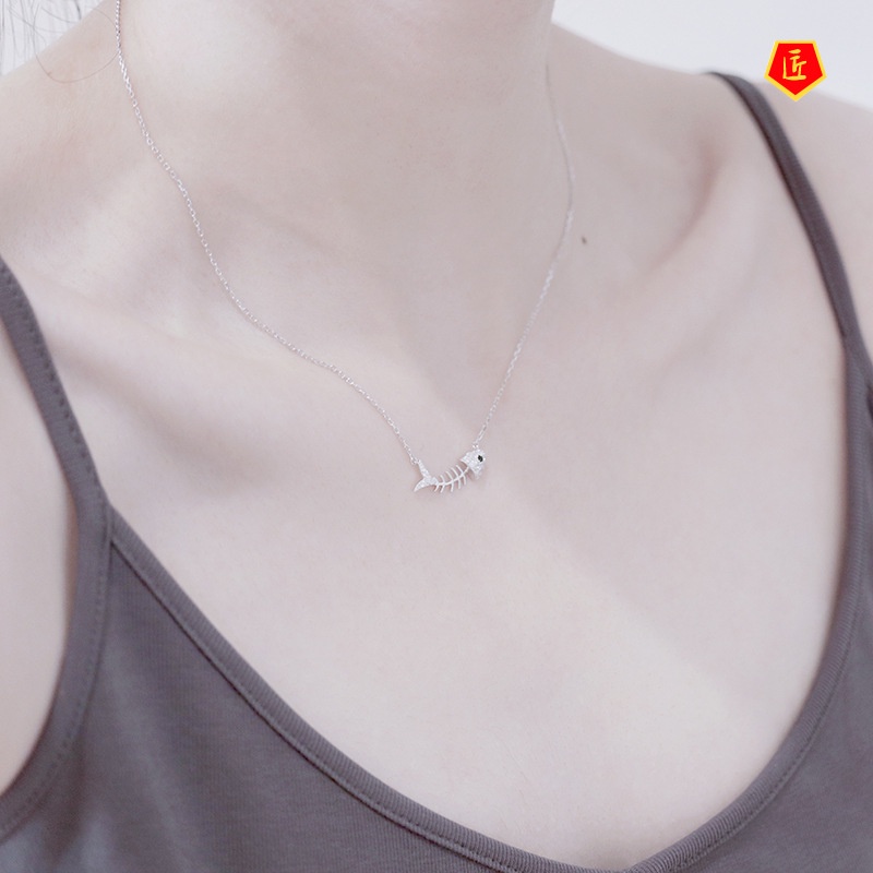 [Ready Stock]925 Silver Fishbone Necklace Korean Style Simple and Elegant