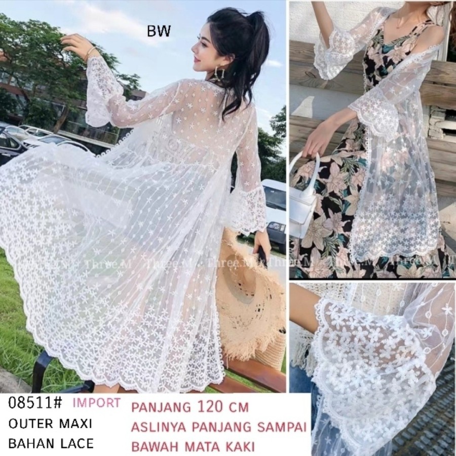 Baju Atasan Wanita Terbaru 2022 Outwear Putih Wanita Long Cardigan Lace Import Bahan Lace Import Len