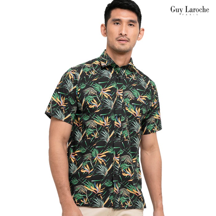 Kemeja Pria Lengan Pendek Guy Laroche Dark Print Tropical Hitam - Hitam, M