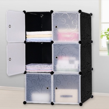 Unik Lemari susun plastik rak buku 6 pintu putih polos rak tas portable - Hitam Murah