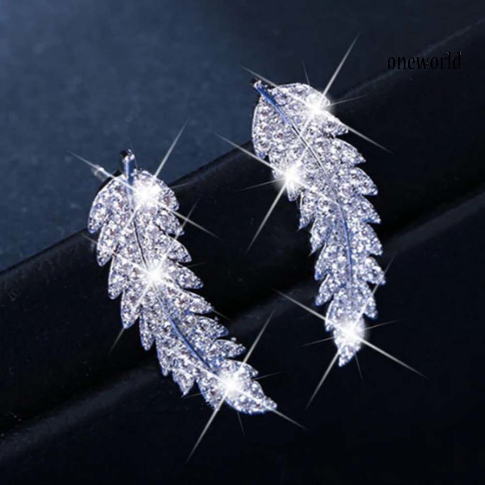 OW@ Women Full Rhinestone Inlaid Leaf Shape Stud Earrings Piercing Jewelry Gift