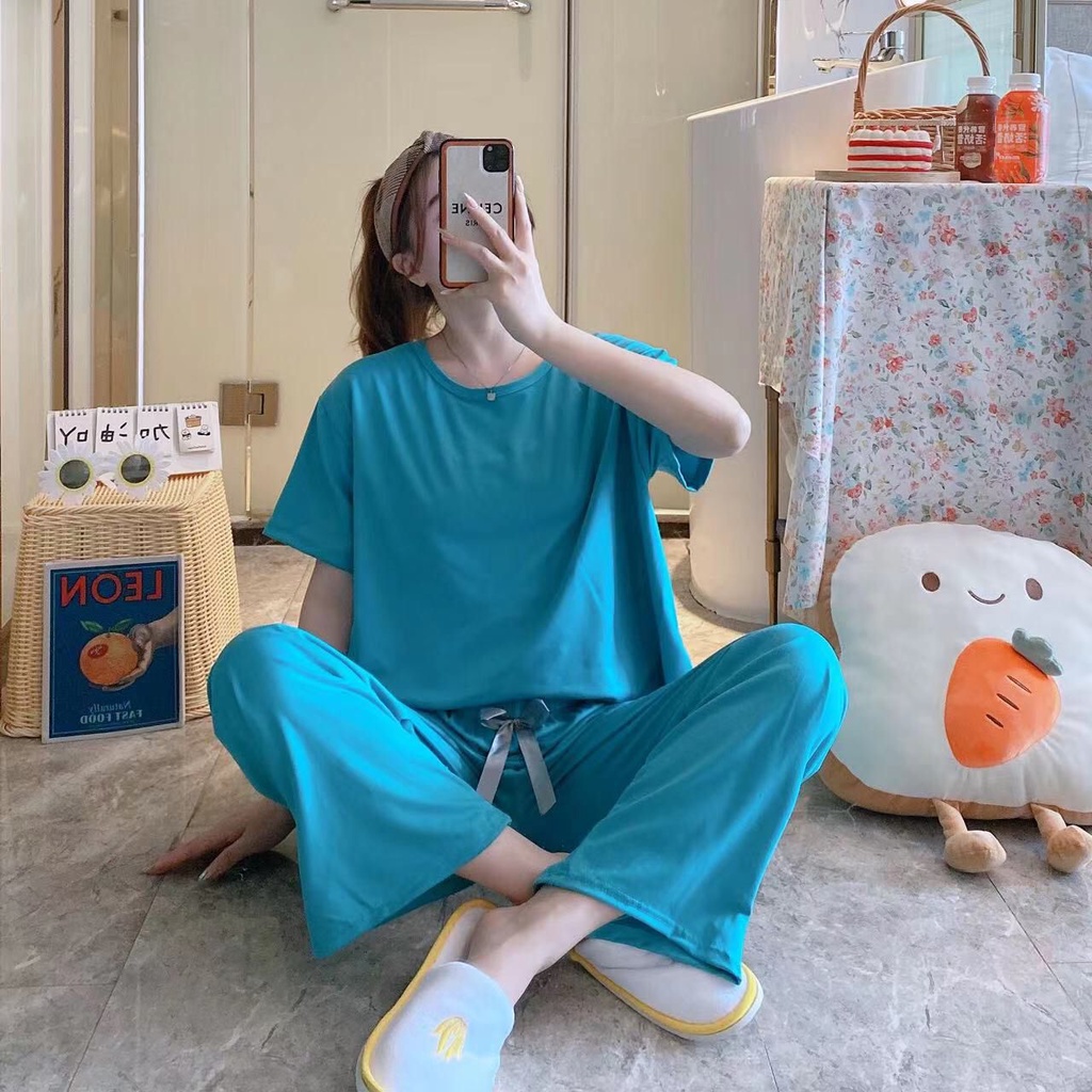 Piyama Baju Tidur Import Sleepwear Lengan Pendek Celana Panjang Motif Stelan Rumah Oversize Premium-CPP-Tosca