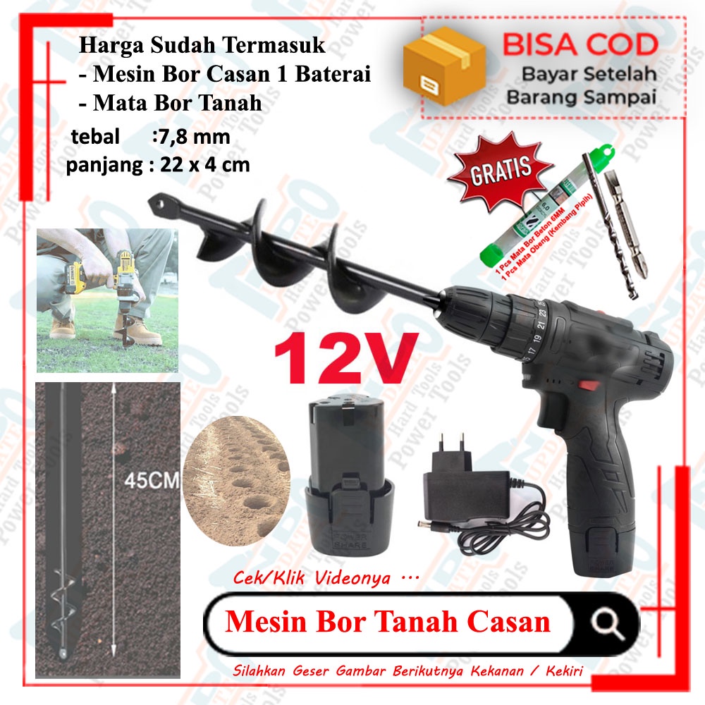 Mesin Bor Penggali Lubang Tanah Biopori 1Baterai 12v 12s Cordless Penggembur Tanah, Bajak Tanah Auge