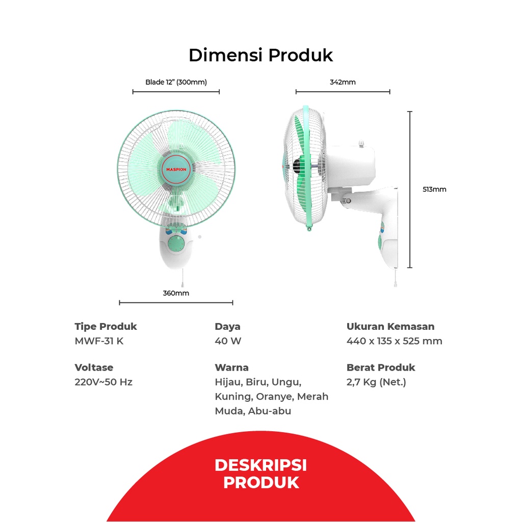 Maspion Kipas Angin Dinding / Tembok 12 Inch MWF-31k