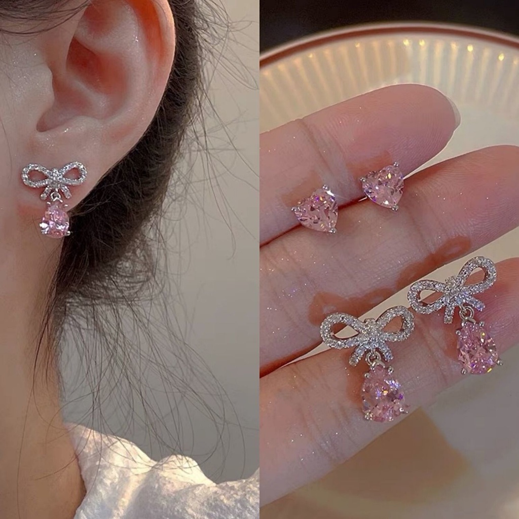 Anting Tusuk Gantung Bahan Sterling Silver 925 Desain Pita Hias Zircon Pink Gaya Mewah Untuk Wanita