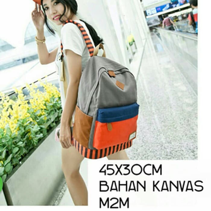 Bagpack Grey Orange / Tas Ransel Wanita Abu Orange