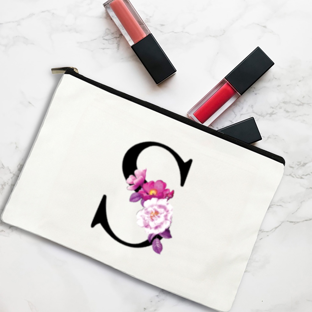 Pouch Kanvas Tas Kosmetik Besar Dompet Wanita Import Sablon Dtf Digital Huruf Bunga Karakter Original