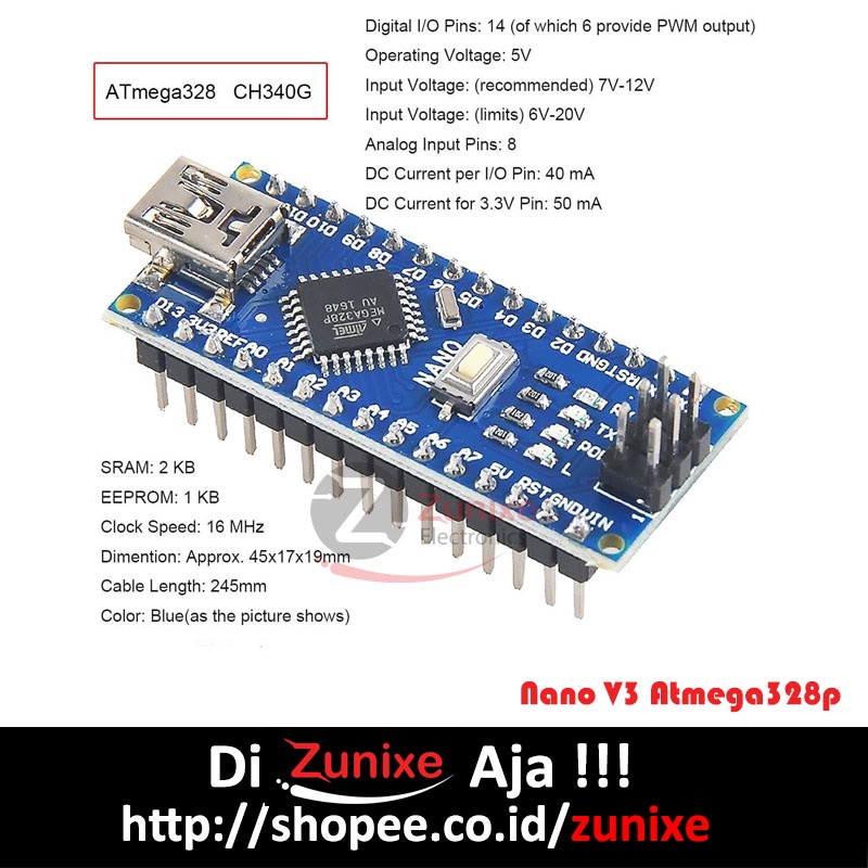 Nano V3 CH340 Compatible Soldered Plus Kabel Atmega328p