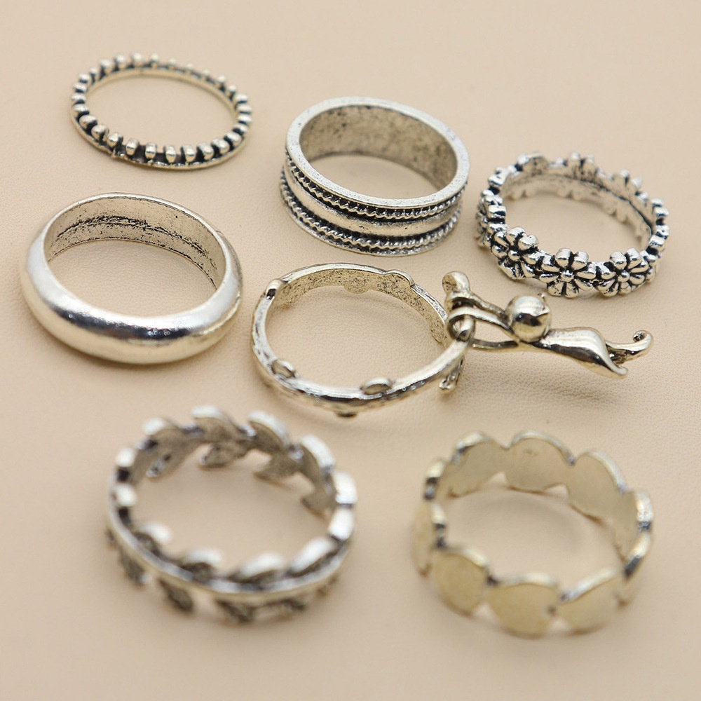 7pcs / Set Cincin Sendi Jari / Knuckle Ring Bentuk Kucing / Daun Warna Silver