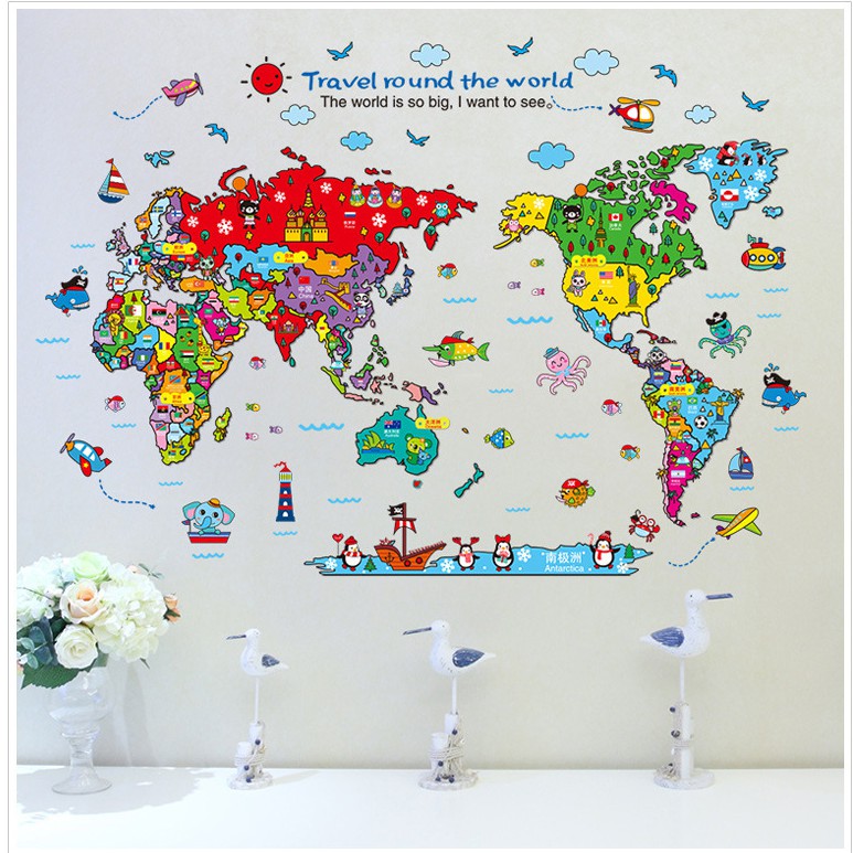 Reliza Wall Sticker Peta Dunia Map Travel Round the World Stiker Dinding  LDR9261