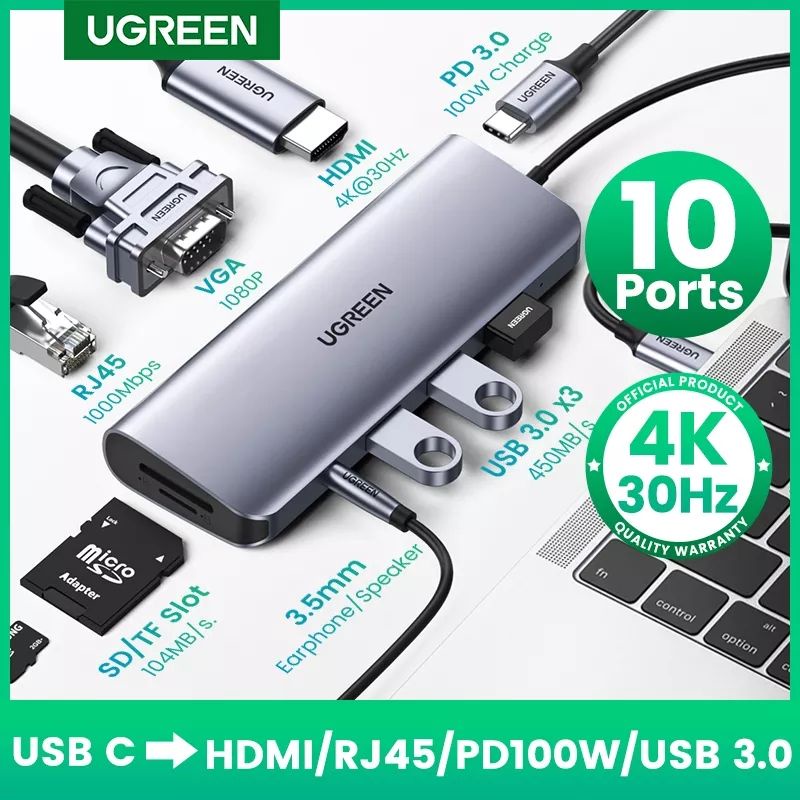 UGREEN USB Hub Type C Rj45 10 in 1 HDMI ,VGA ,SD Card UGREEN 80133