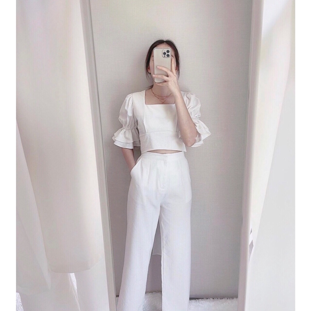 SET6614 Linen Double Ruffle Sleeves Top & Pants Set-2