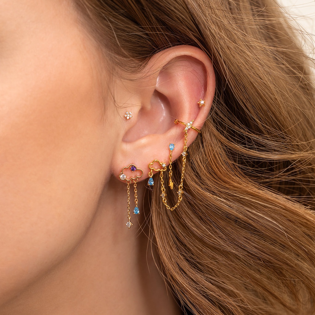 5pcs / set Anting Stud Rumbai Panjang Bentuk Bulan Bintang Kubik Warna Biru Tua Untuk Wanita
