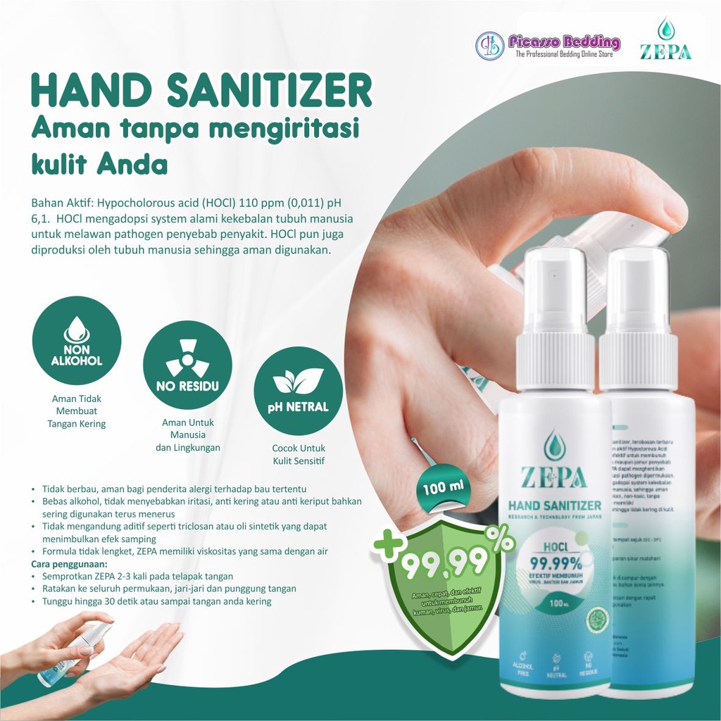 ZEPA Hand Sanitizer Cair NON ALKOHOL 100ml / Zepa Cairan Hocl / Hand Sanitizer Spray / Secret Clean