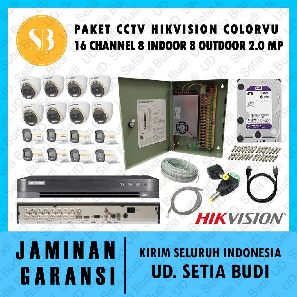 Paket CCTV Hikvision Colorvu 16 Channel 8 Indoor 8 Outdoor 2.0 MP