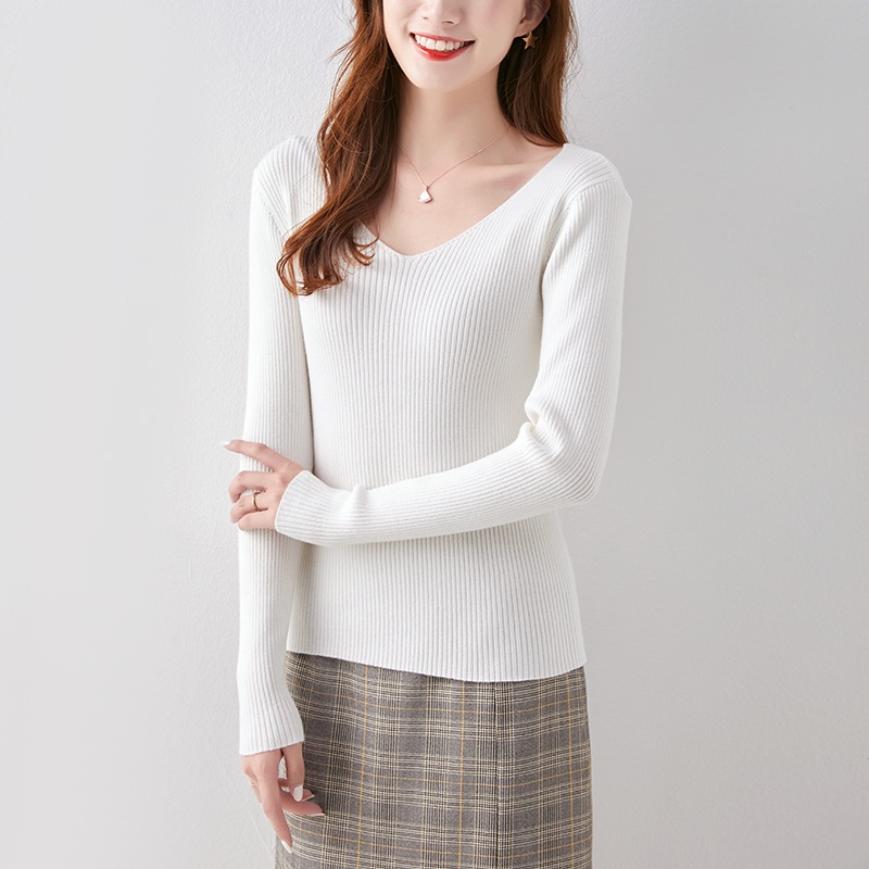 【Elegant】Korean Solid Rib Knit V Neck Sweater E087