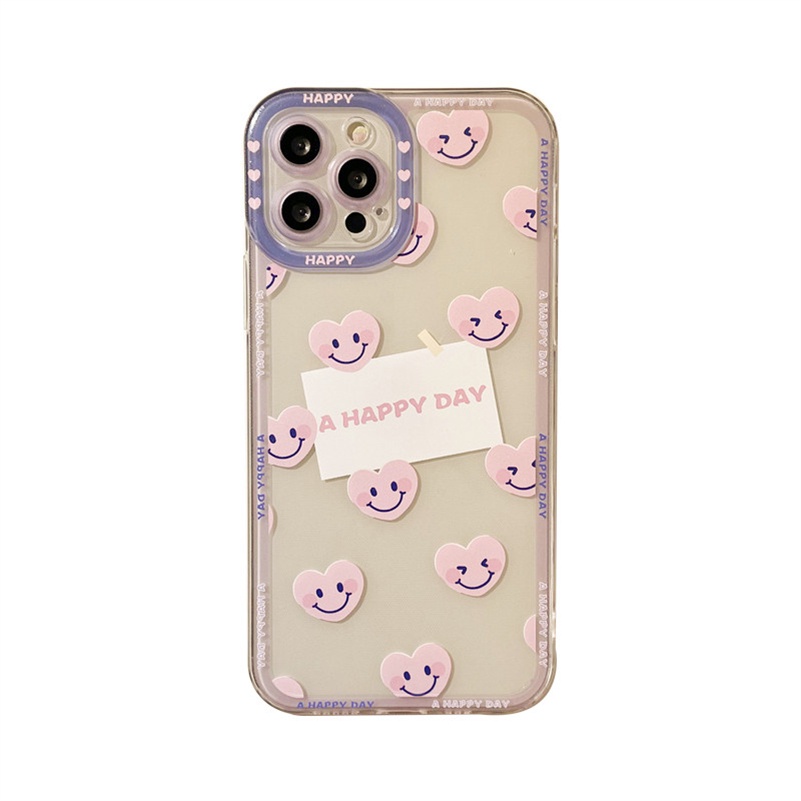 Soft Case Silikon Transparan Motif Love Smiley Untuk Compatible for iPhone 14 13 12 11 Pro Max X Xr Xs Max SE 8 7 6 6s Plus Clear Phone Case All-Inclusive Precision Hole Silicone Shockproof Phone Back Cover