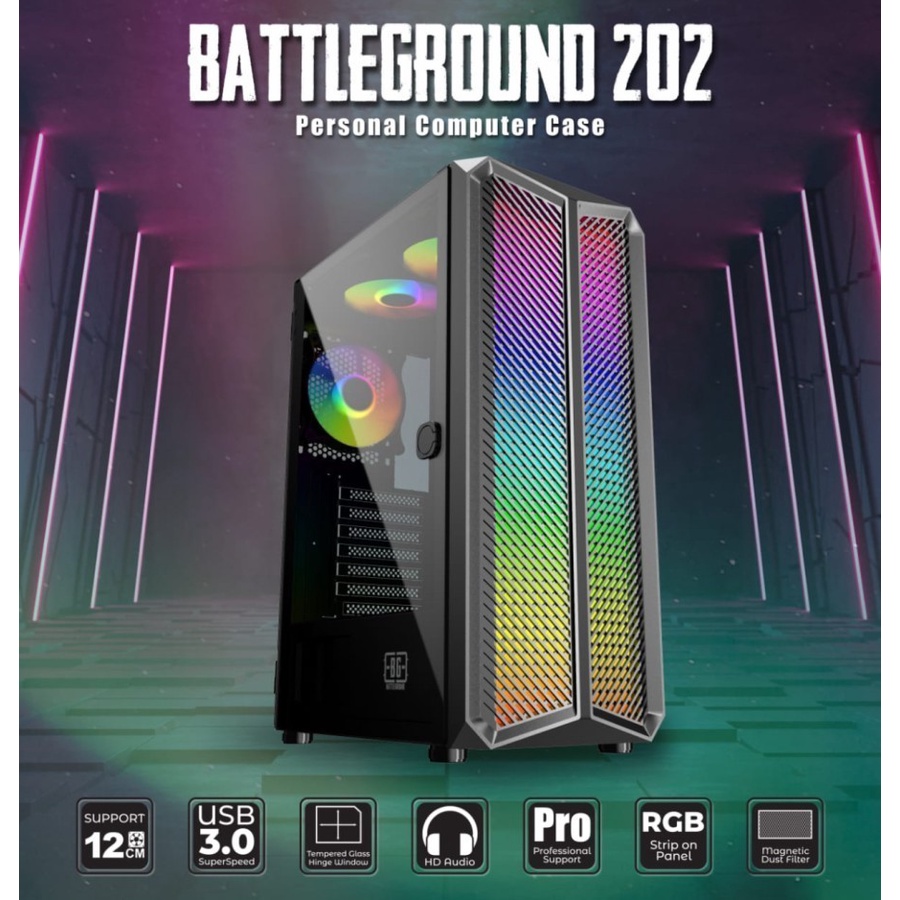 Case Battleground 202 RGB Tempered Glass Mid Tower Gaming Casing