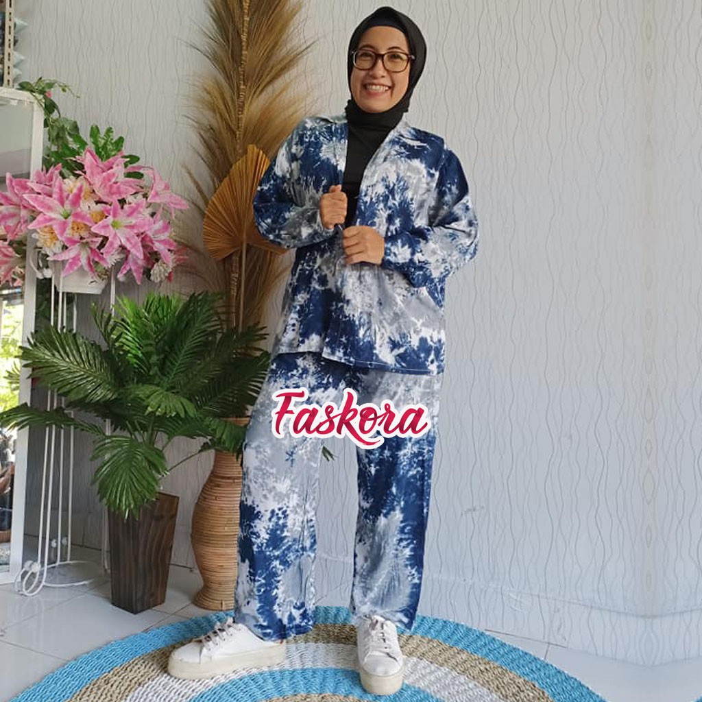 One Set Kemeja Tie dye Wanita Lengan Panjang / Piyama Rayon Jumbo Set Lengan Panjang