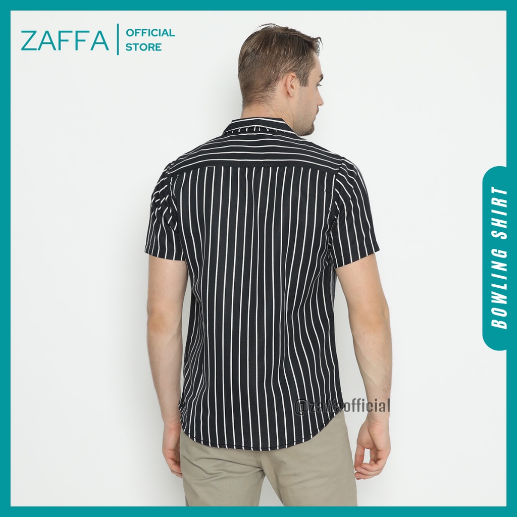 Zaffa Kemeja Salur Pria Lengan Pendek  Kerah Pantai Katun Motif Stripe Garis Hitam Bowling Shirt Unisex Z-1001