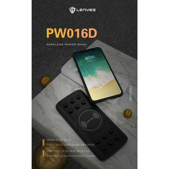 LENYES PW016D 10000MAH WIRELESS POWERBANK FAST CHARGING QC 3.0