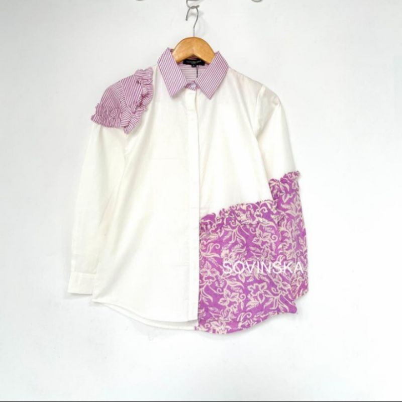 Atasan Batik WP 219 blus Blouse Baju Kerja Wanita Kemeja Lengan Panjang Batik modern Abu putih Lilac