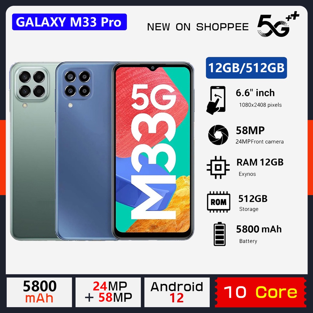 HP murah Galaxy M33 hp baru ram 8/256 12/512GB 6.6 inches screen HD kamera Handphone Android Promo Cuci Gudang Ponsel Baru Original 4G/5G Smartphone