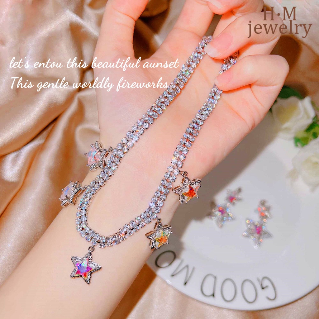 Set Kalung Rantai + Anting Gantung Panjang Tusuk Motif Bintang Aksen Zircon AAA Untuk Perhiasan Wanita