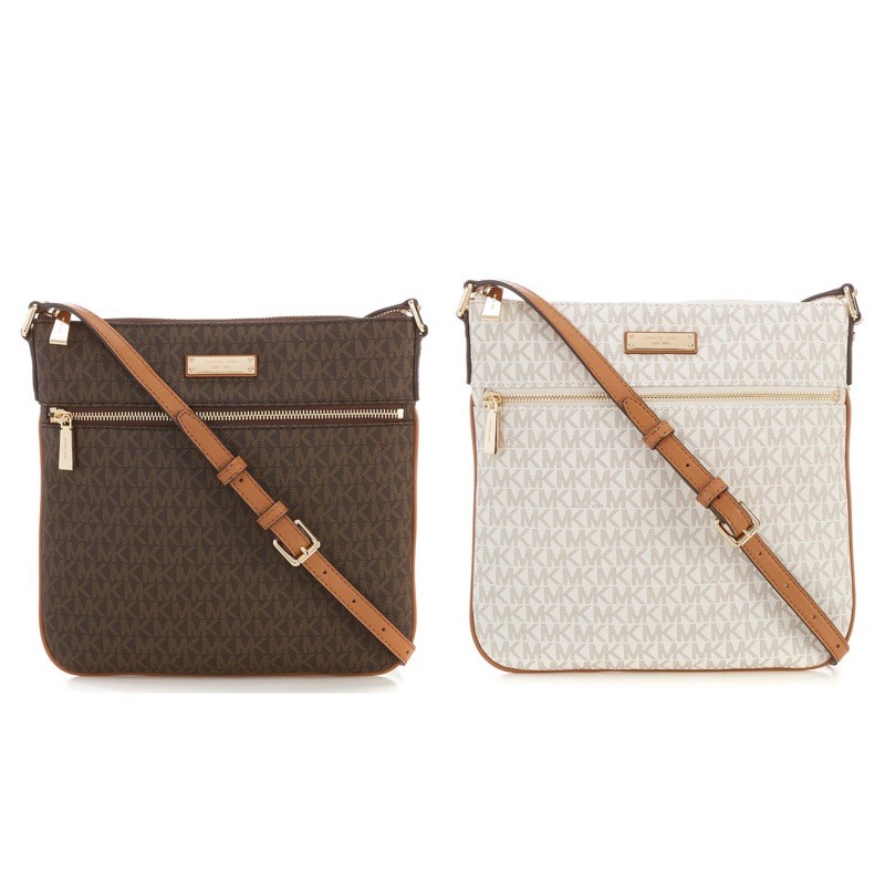 MK Bedford Signature Flat Crossbody Bag - Brown & Vanilla