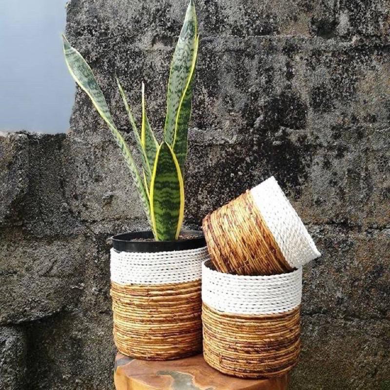 COVER VAS BUNGA HIAS COVER POT BUNGA ANYAMAN BANANA PELEPAH PISANG FIBER KERANJANG POT ISI 3 PCS