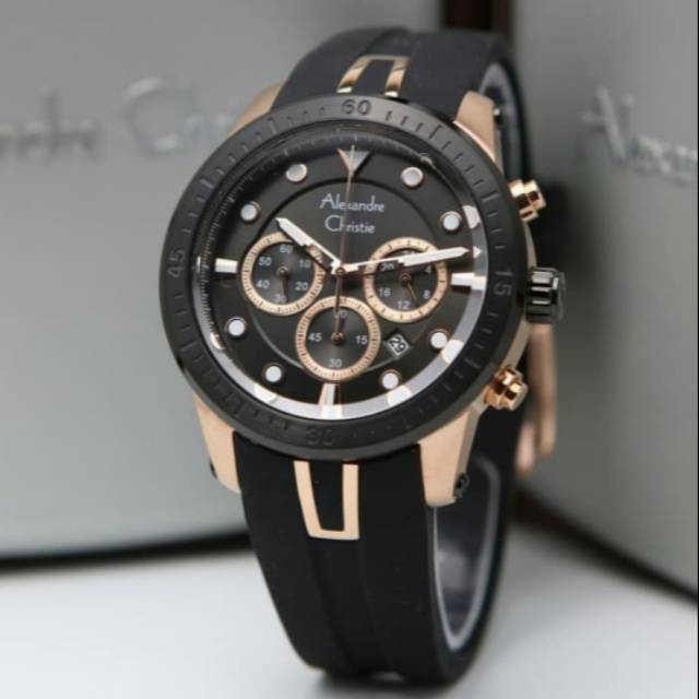 Jam Tangan Pria Original Alexandre Christie AC 6533 MC BLACK ROSEGOLD Garansi Resmi 1Tahun