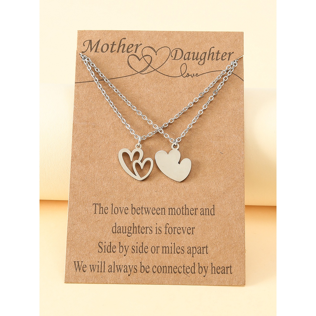 2pcs / SET Kalung Rantai Klavikula Bahan Stainless Steel Model Hati Ganda Hollow Untuk Hari Ibu